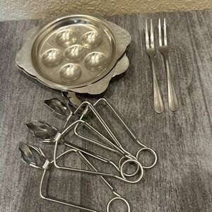Bloomfield Vintage Escargot Set Stainless Steel Snail Plates Tongs Forks Japan 4